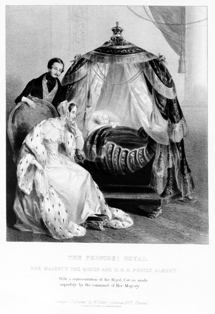 The Princess Royal, Hennes Majestet Dronningen og HKH Prins Albert, med den kongelige sengen, ca. 1840 av English School