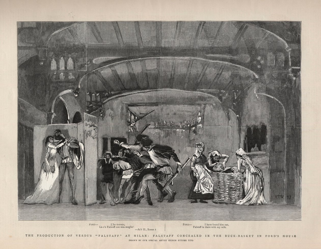 Produksjonen av Giuseppe Verdis "" Falstaff"" i Milano, Falstaff skjult i Buck-Basket i Fords hus. Illustrasjon for The Graphic av English School