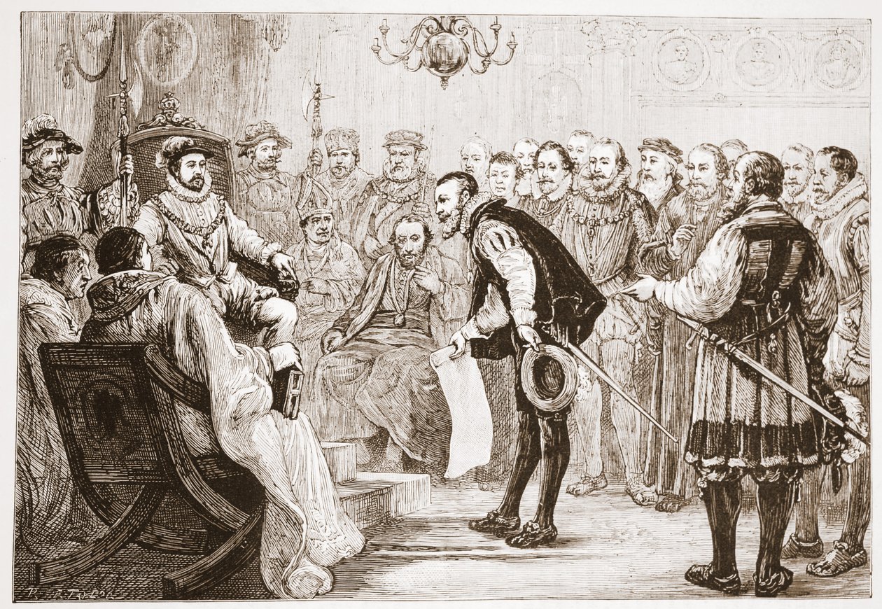 De protestantiske prinsene presenterer sin bekjennelse til Charles, illustrasjon fra The History of Protestantism av James Aitken Wylie (1808-1890), pub. 1878 av English School