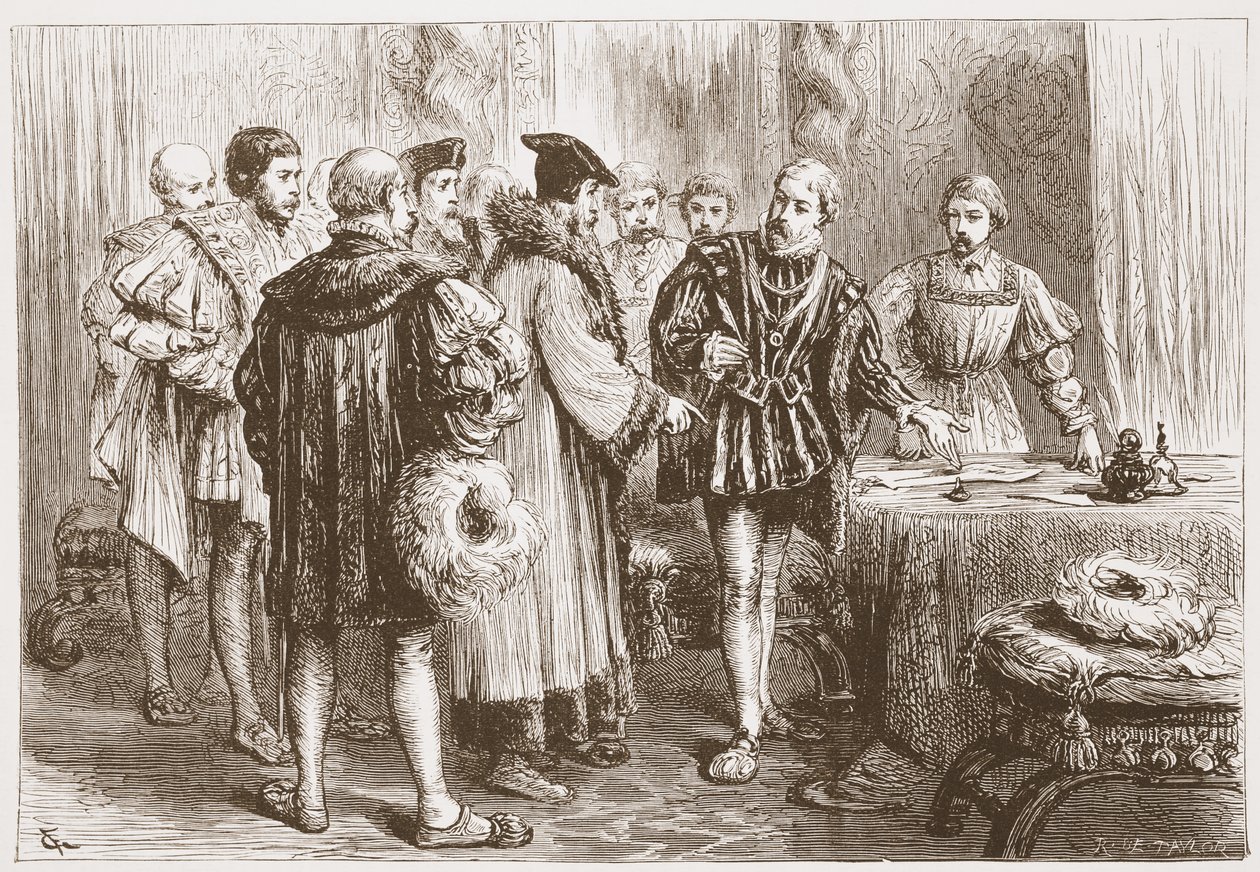 De protestantiske prinsene signerer sin bekjennelse, illustrasjon fra The History of Protestantism av James Aitken Wylie (1808-1890), pub. 1878 av English School