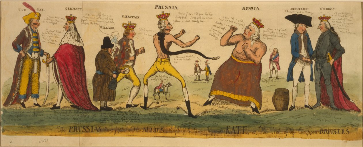Den prøyssiske priskjemperen og hans allierte forsøkte å temme keiserlige Kate, eller, staten til de europeiske bursiers, 1791 (håndfarget etsning) av English School