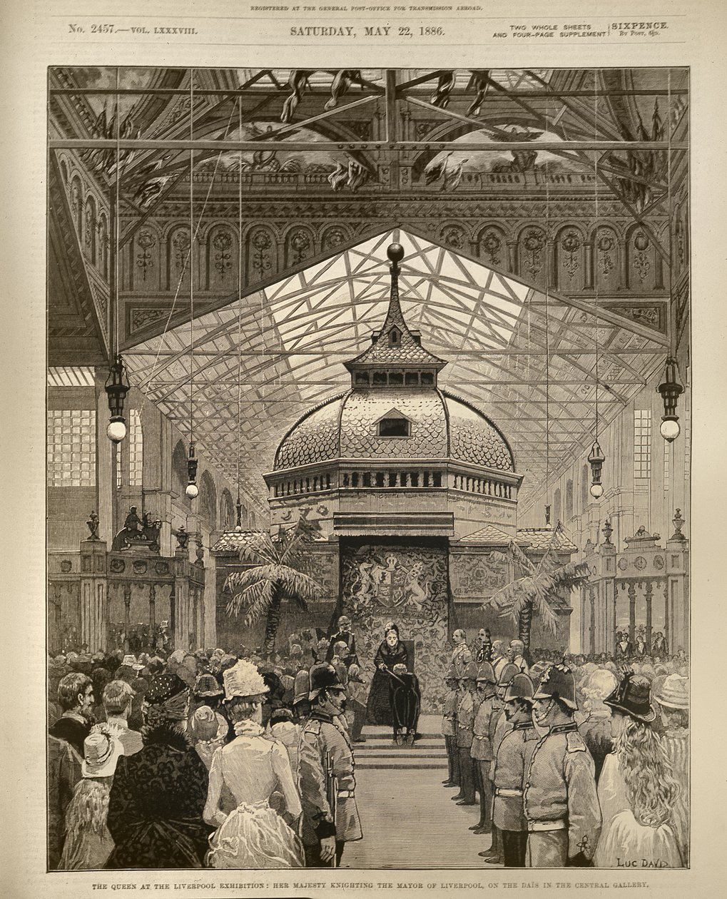 The Queen at the Liverpool Exhibition: Her Majesty Knighting the Mayor of Liverpool on the Dais in the Central Gallery, fra The Illustrated London News, 22. mai 1886 av English School