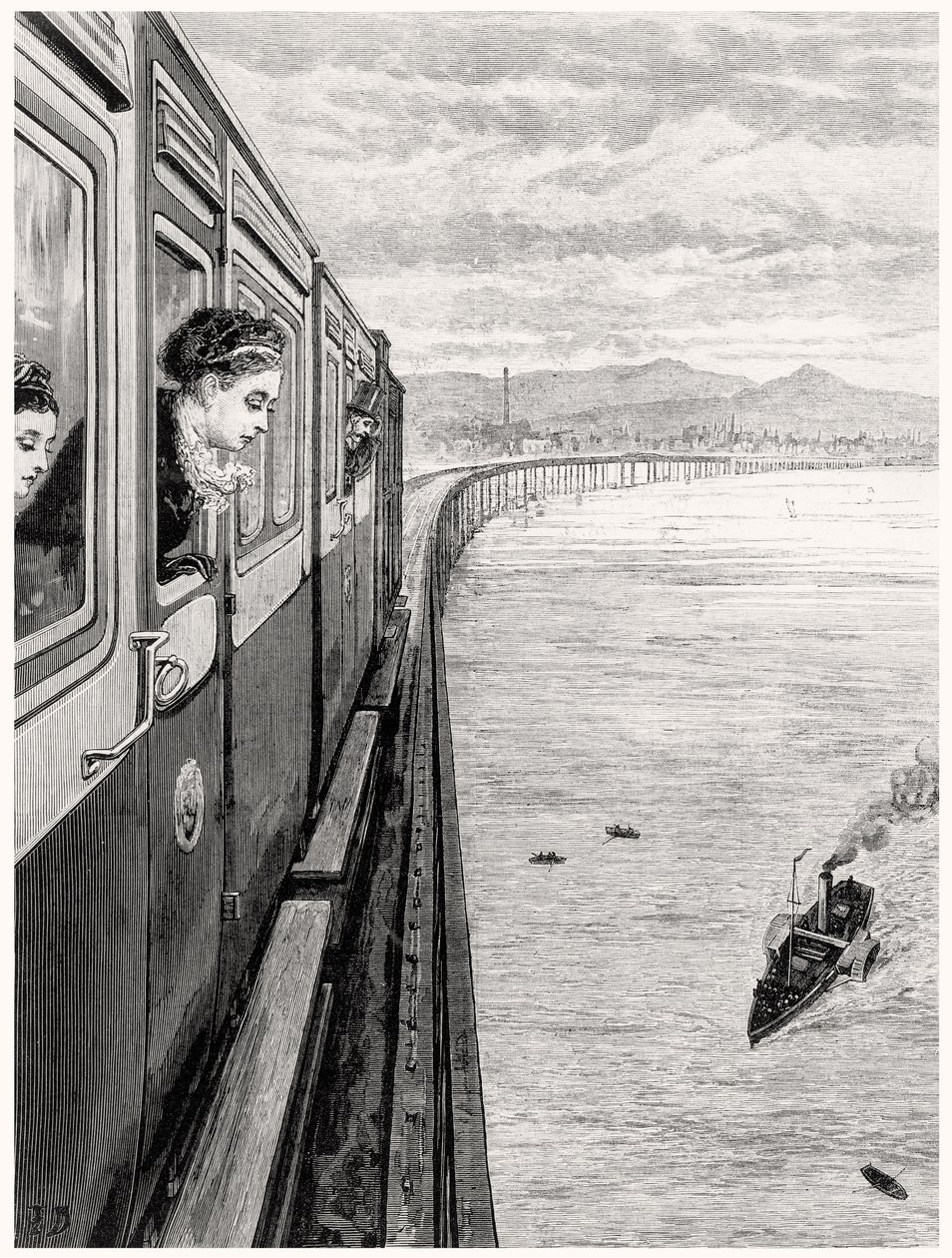 Dronningens retur fra høylandet; Hennes Majestet krysser Tay Bridge, Dundee av English School