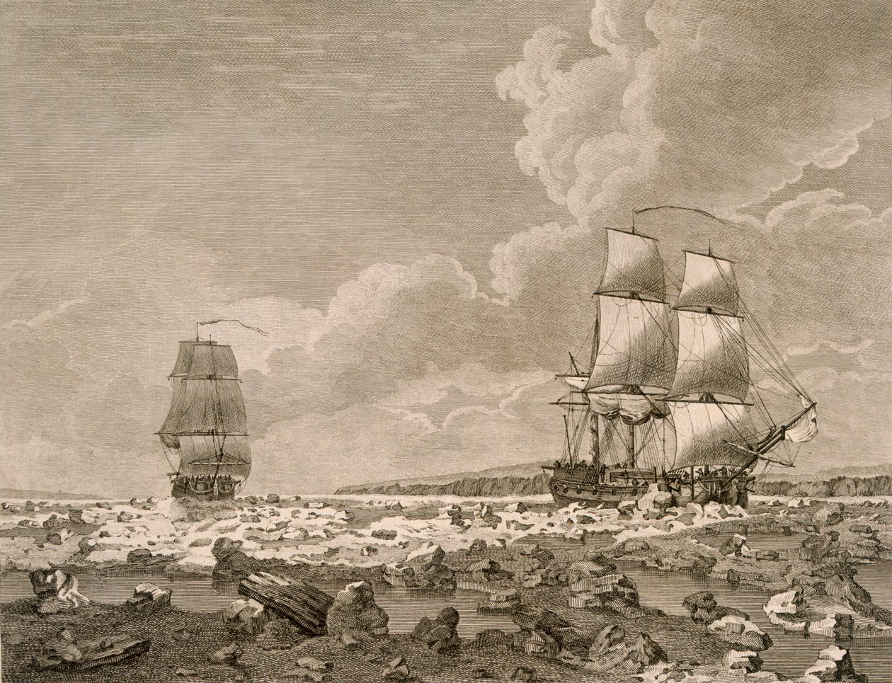 Veddeløpshest og kadaver tvinger gjennom isen, 10. august 1773, fra A Voyage Towards the North Pole Undertake by His Majestys Command 1773, publisert London 1774 av English School