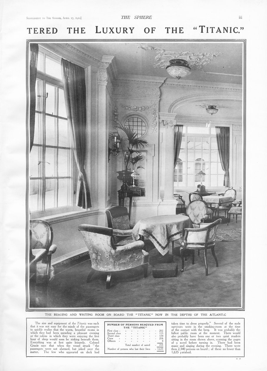 Lese- og skriverommet om bord på Titanic, fra The Sphere, 27. april 1912 av English School