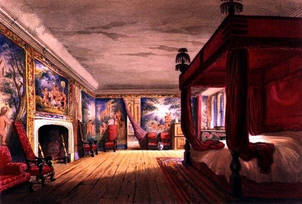 The Red Room, Cotehele House, ca. 1830-40 (farge litho) av English School