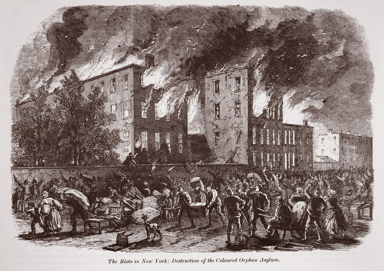 The Riots in New York: Destruction of the Colored Orphan Asylum av English School