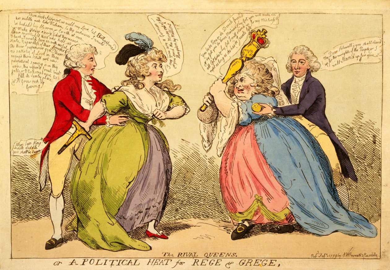 The Rival Queens or a Political Heat for Rege and Grege, 1789 (håndfarget gravering) av English School