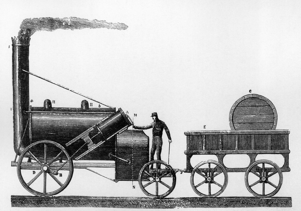 The Rocket, damplokomotiv designet og bygget av George og Robert Stephenson i 1829 for Liverpool-Manchester jernbanen (gravering) av English School