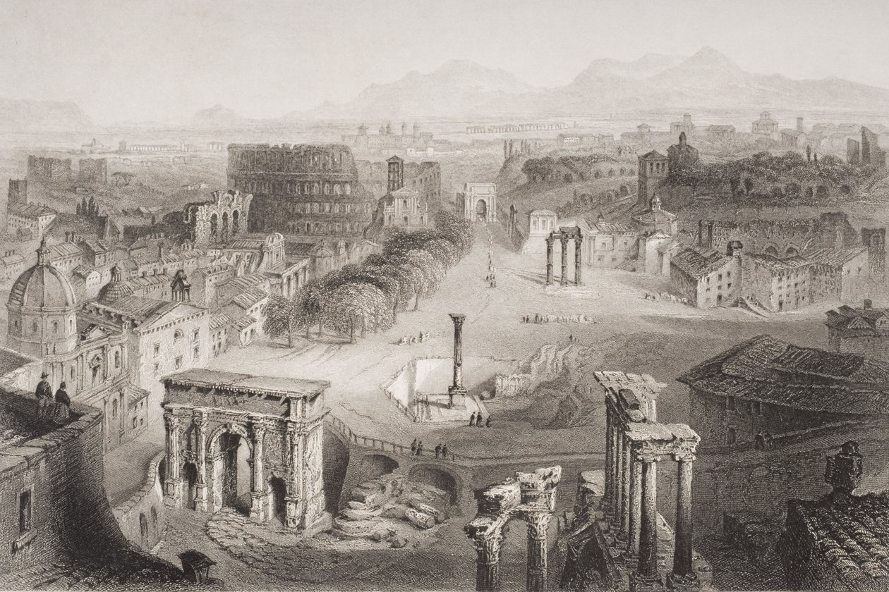 Forum Romanum fra Capitoline Hill, Roma, gravert av A. Willmore av English School