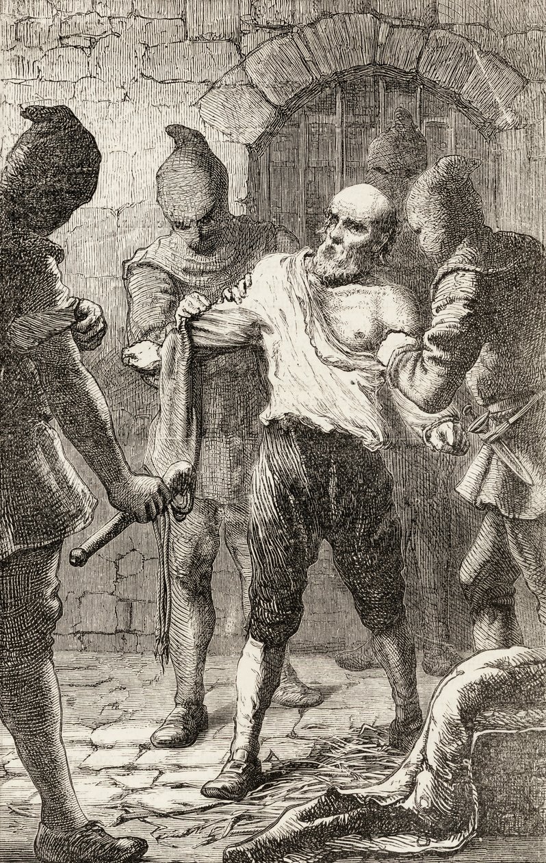 Scourging of George Penn under den spanske inkvisisjonen, ca. 1865 (tregravering) av English School