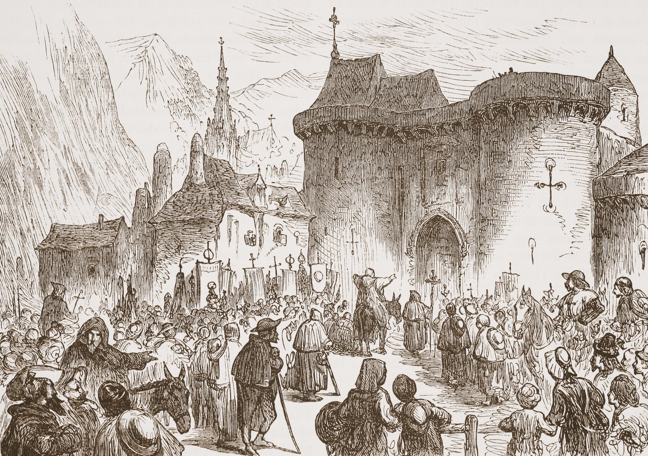 The Sham Pilgrims at the Gate of Geneva, illustrasjon fra The History of Protestantism av James Aitken Wylie (1808-1890), pub. 1878 av English School
