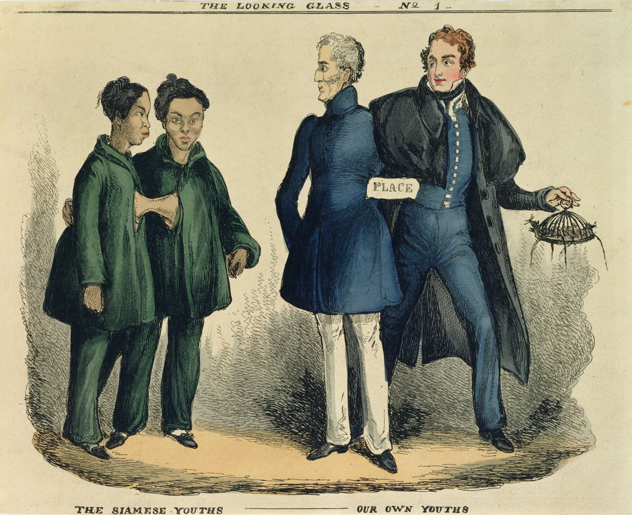 The Siamese Youths - Our Own Youths, satirisk tegneserie fra The Looking Glass, ca. 1829 (farget etsning) av English School