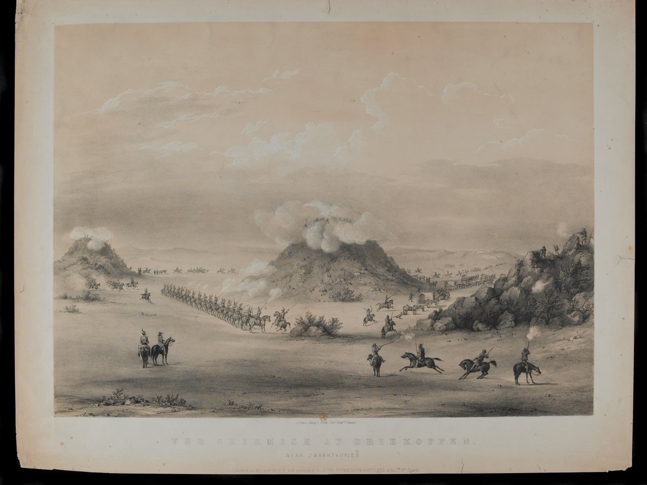 Tredningen ved Driekoppen, nær Zwaartkopjes, 1845, gravert av Paul Gauci (1834-66), utgitt ca. 1845 av English School
