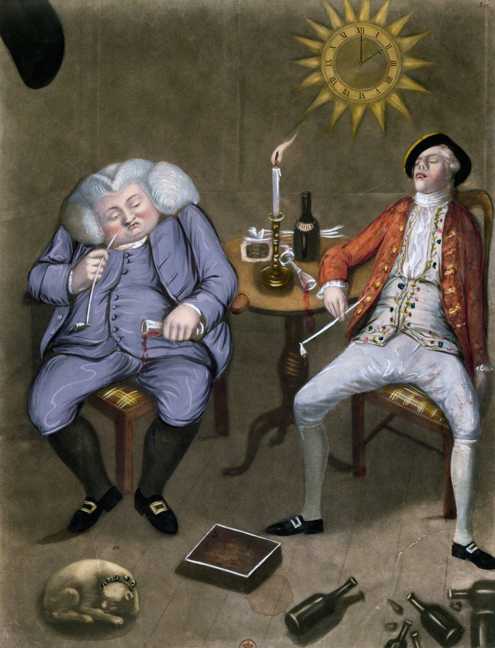 The Solid Enjoyment of Bottle and Friend, 1774 (fargelitho forsterket med gouache) av English School