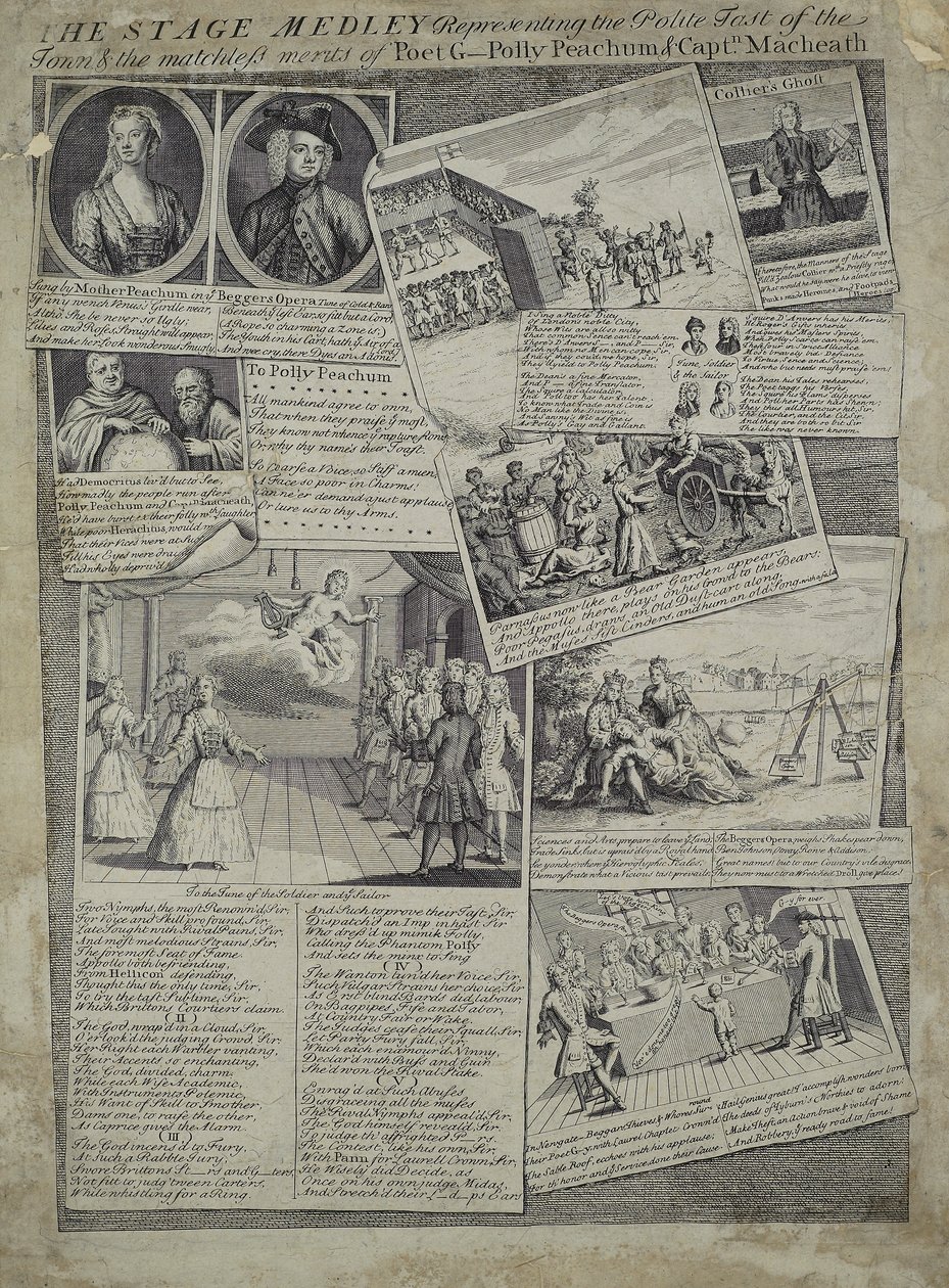 Scenemedleyen som representerer byens høflige smak og de makeløse fordelene til poeten G., Polly Peachum og Captain Macheath, ca. 1728 av English School