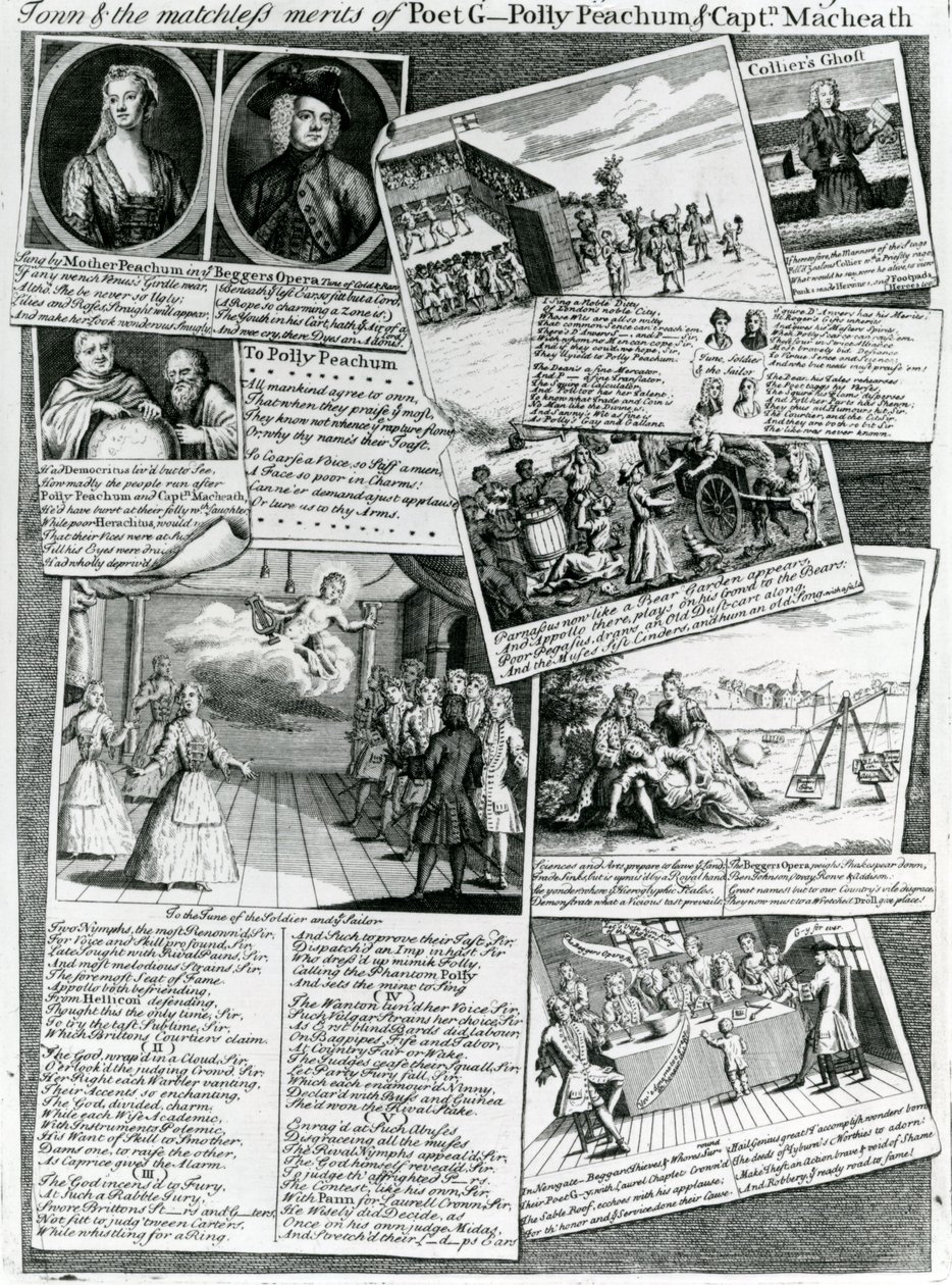 Scenemedleyen som representerer byens høflige smak og de makeløse fordelene til poeten G., Polly Peachum og Captain Macheath, ca. 1728 av English School