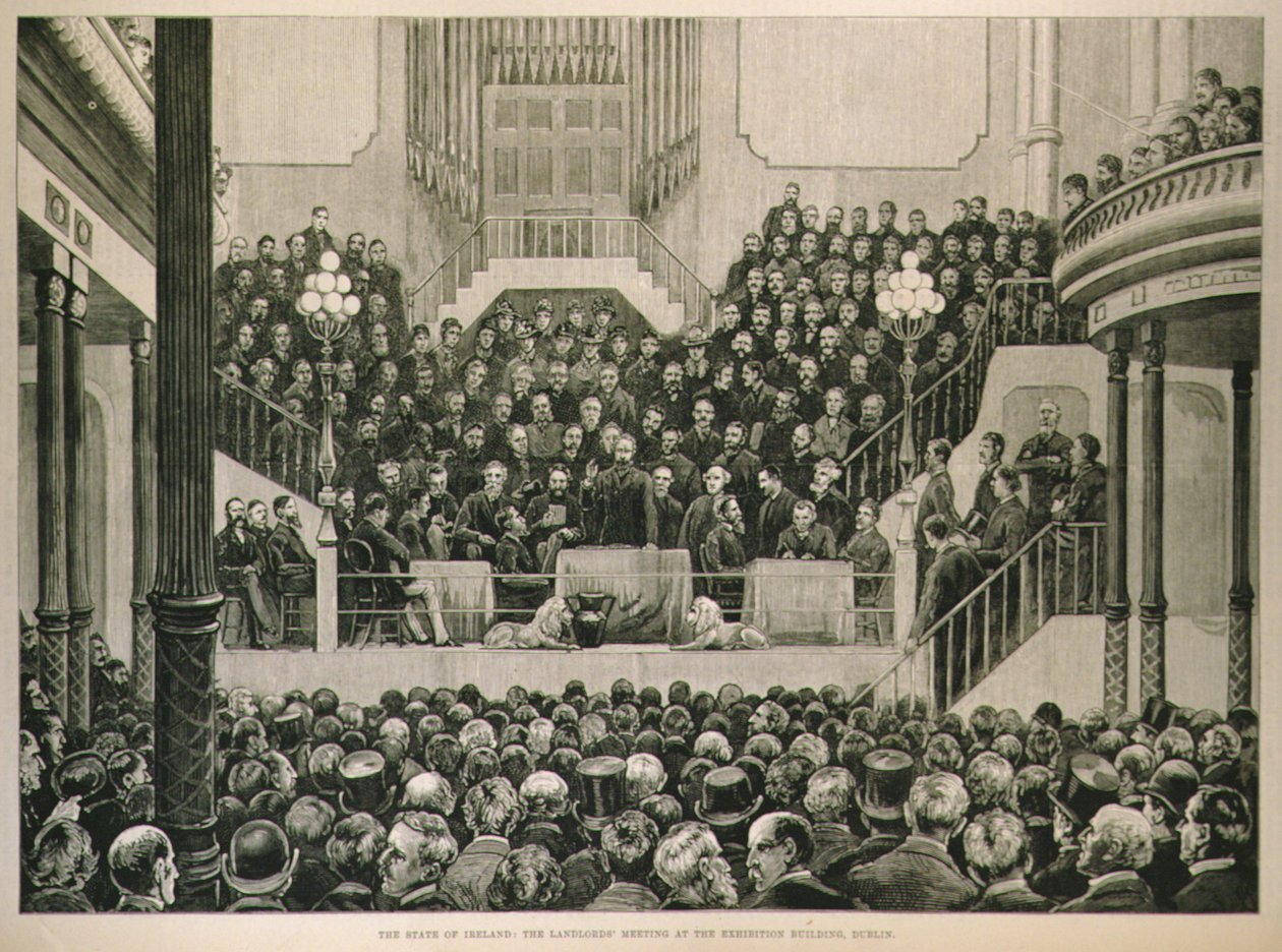 The State of Ireland: Landlords Meeting at the Exhibition Building, Dublin, fra The Illustrated London News, 14. januar 1882 av English School
