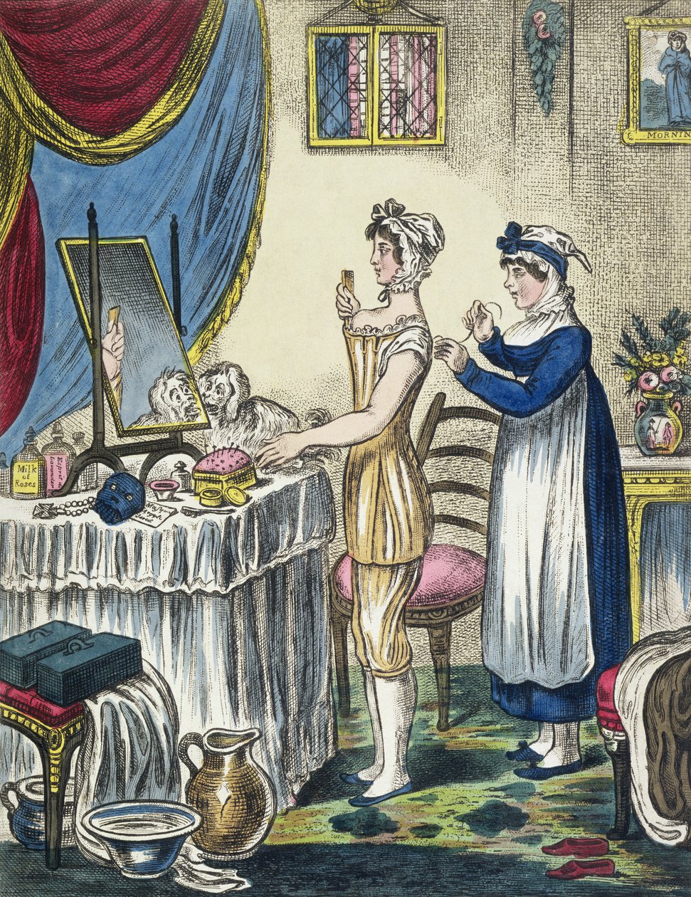 The Stays, plate 1 fra The Progress of the Toilet, ca. 1810 av English School