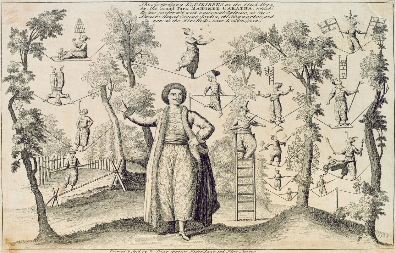 The Surprising Equilibres on the Slack Rope av Grand Turk, Mahomed Caratha, trykt av Robert Sayer (fl.1750-80) av English School