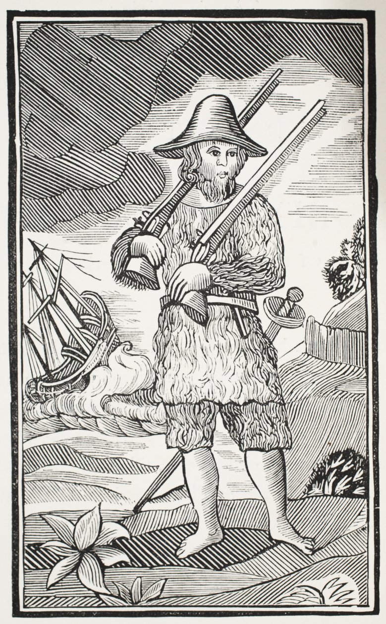 The Surprising Life and most Strange Adventures of Robinson Crusoe of the City of York, Mariner, illustrasjon fra Chap-books of the Eighteenth Century av John Ashton, pub. 1882 av English School