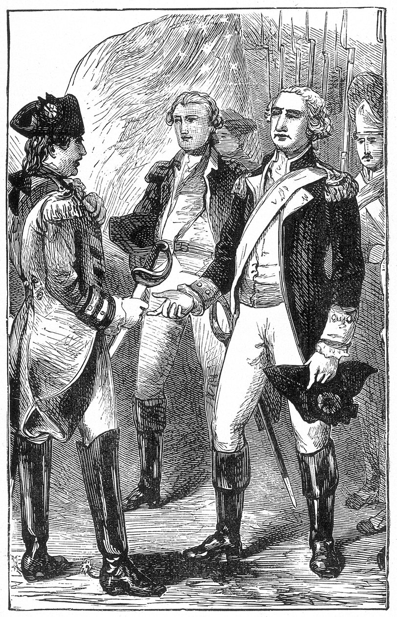 The Surrender of Cornwallis, fra The History of France, av Emile de Bonnechose, utgitt av Ward, Lock and Co, London av English School