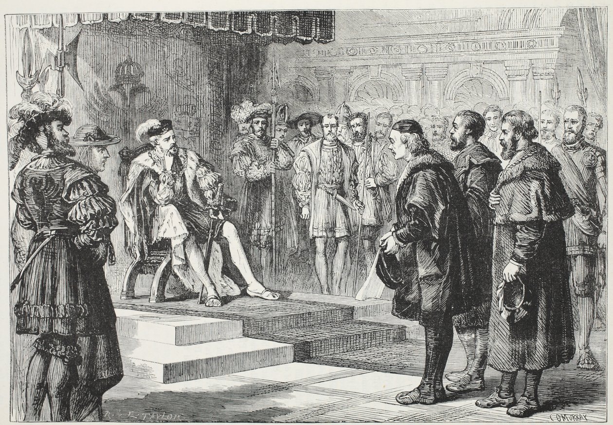 De tre protestantiske ambassadørene før keiser Charles, illustrasjon fra The History of Protestantism av James Aitken Wylie (1808-1890), pub. 1878 av English School