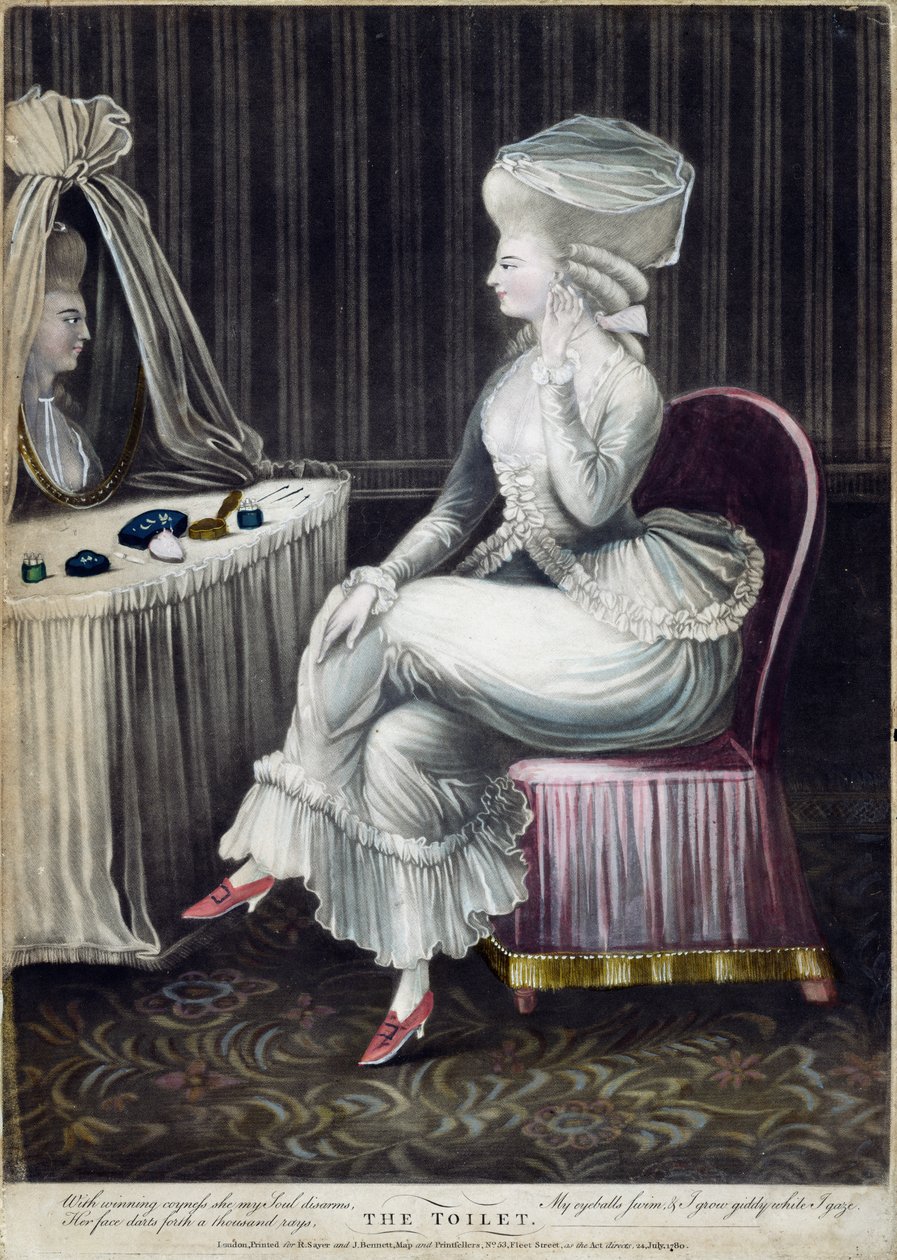 Toalettet, pub. av Robert Sayer og J. Bennett, 1780 (mezzotintgravering) av English School
