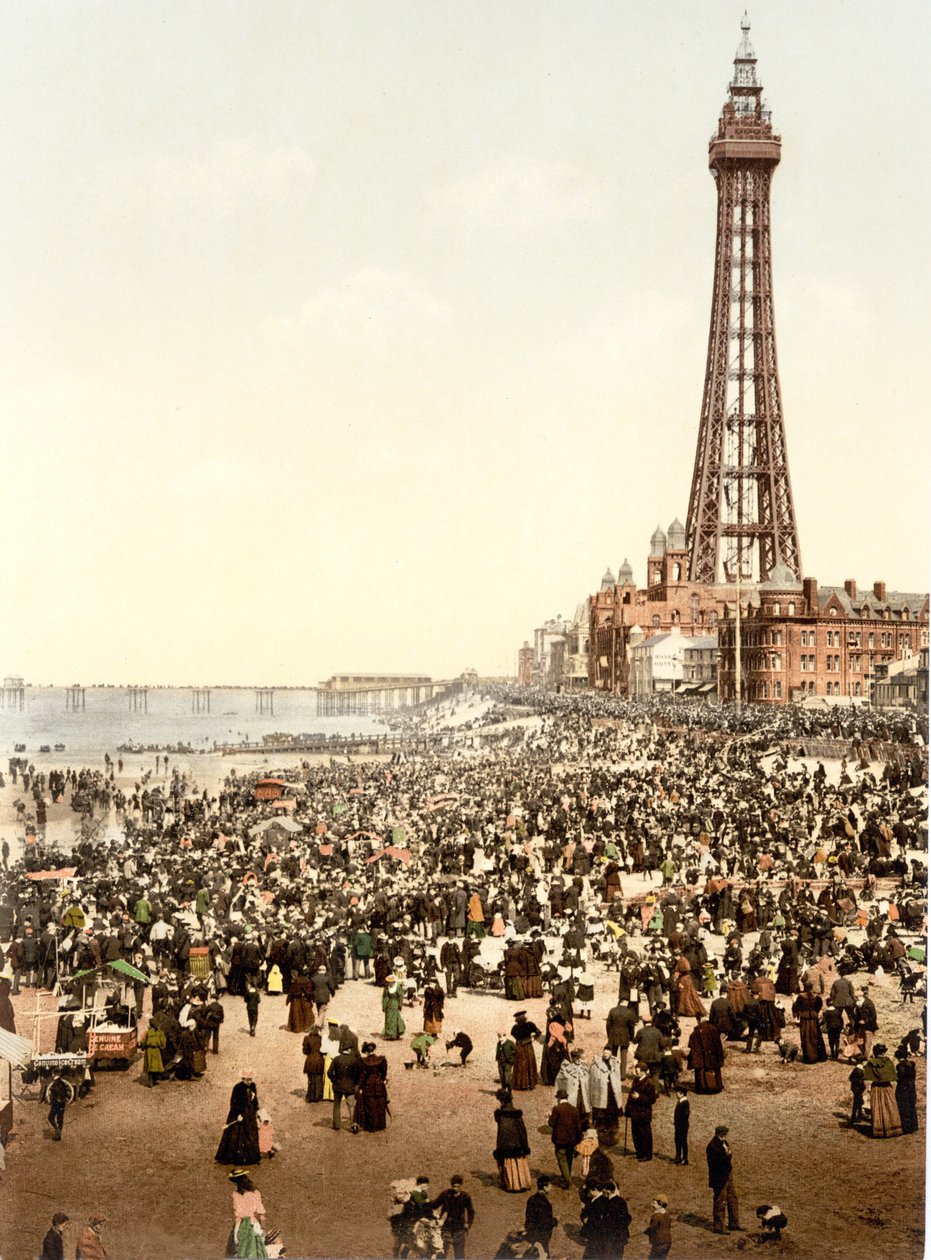 Tårnet og stranden, Blackpool (håndfarget bilde) av English School