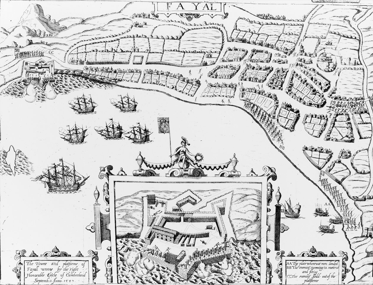 The Towne and Platforme of Fayall vunnet av den høyre ærede Earle of Cumberland, 2. september 1589 av English School