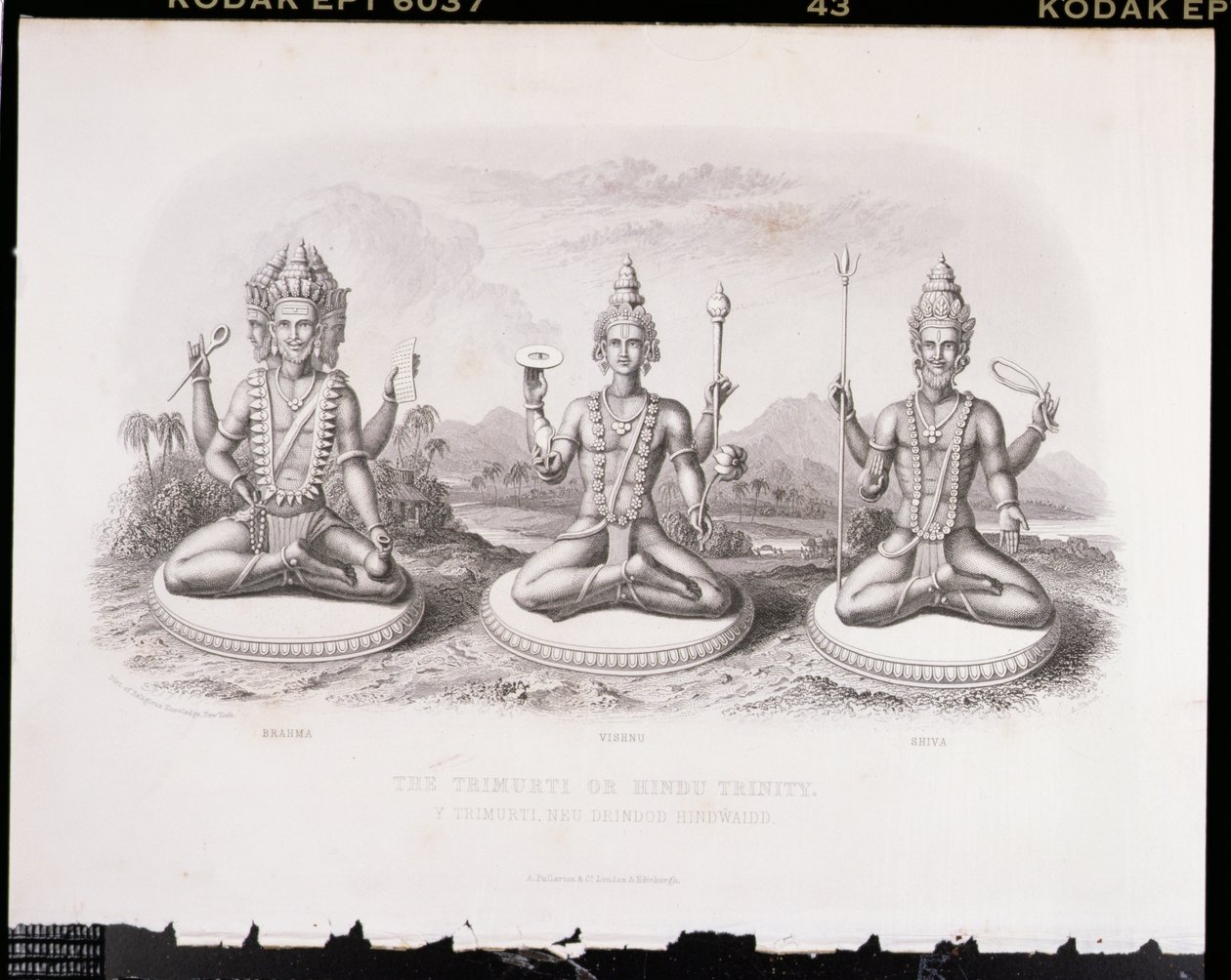 The Trimurti eller Hindu Trinity, gravert av A. Thorn, fra World Religion, utgitt av A. Fullarton & Co. av English School