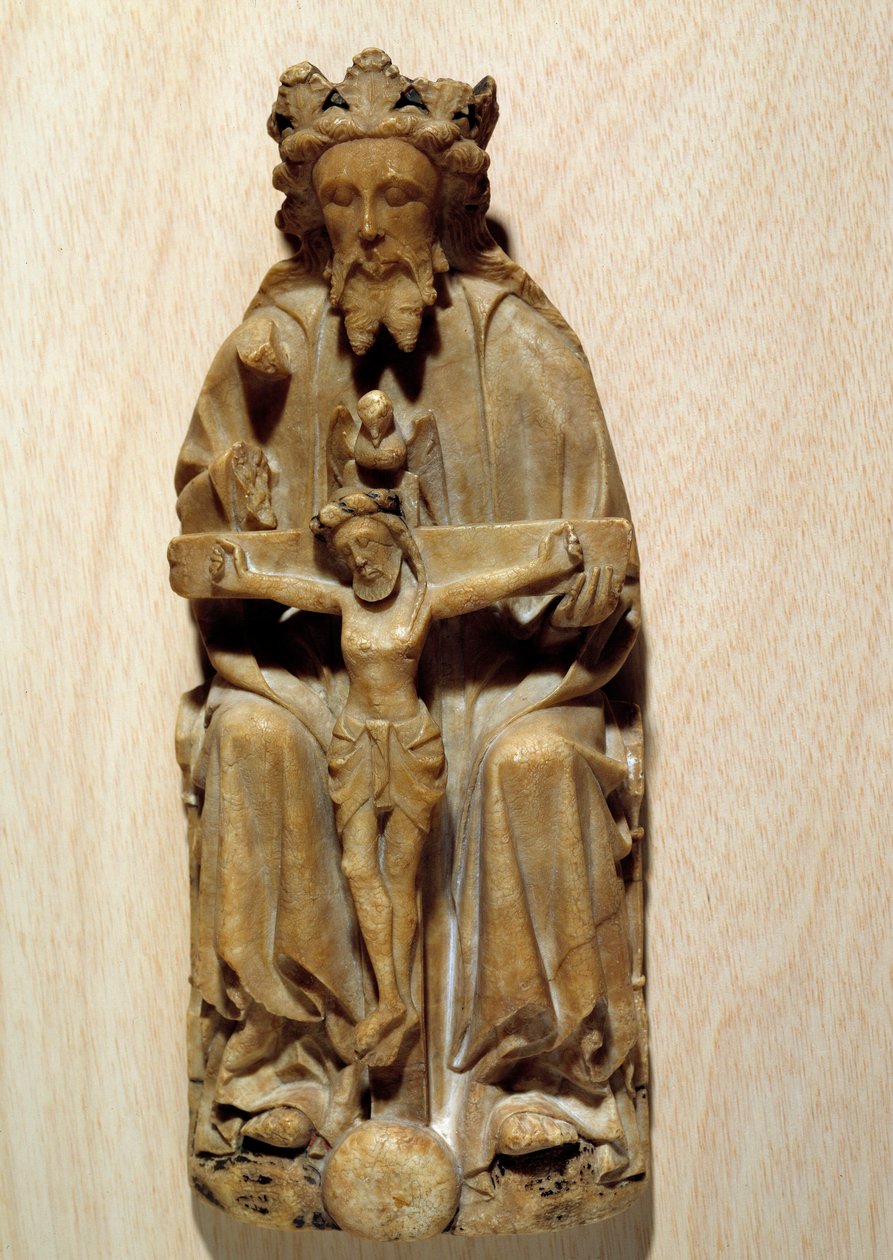 Treenigheten Gud fristet sin sønn Jesus på korset. Skulptur i albatre av den engelske skolen. Paris fra 1400-tallet, middelalderens nasjonalmuseum, Thermes de Cluny av English School