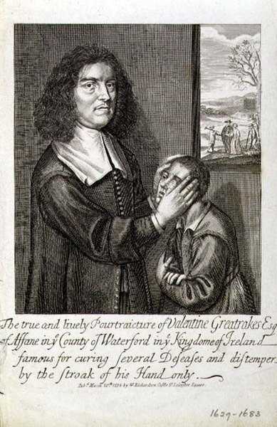 Den sanne og livlige karikaturen av Valentine Greatrakes Esq. (1629-1683) pub. av W. Richardson, London av English School