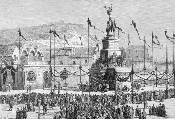 Avdukingen av monumentet til fred, Barcelona, Spania (gravering) av English School