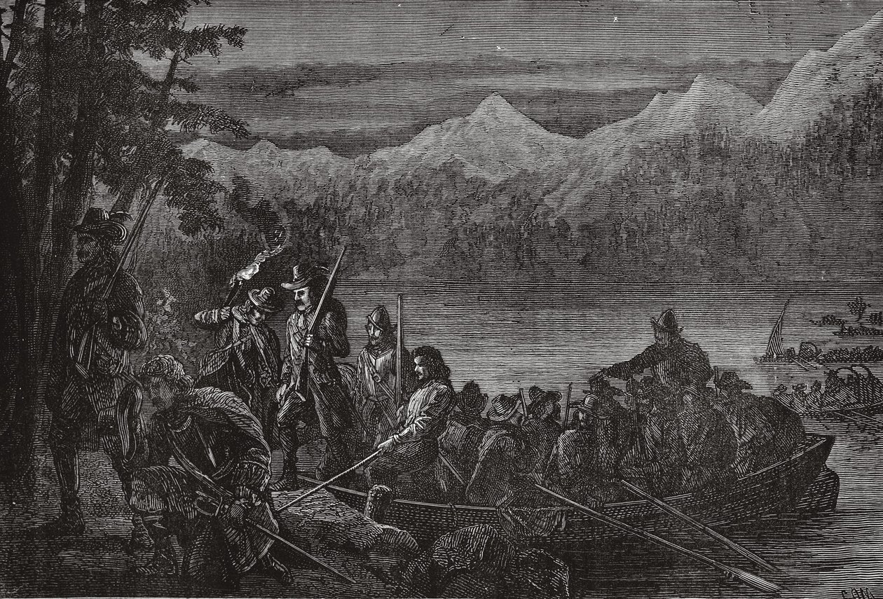 Vaudois krysser Lake Leman om natten, illustrasjon fra The History of Protestantism av James Aitken Wylie (1808-1890), pub. 1878 av English School