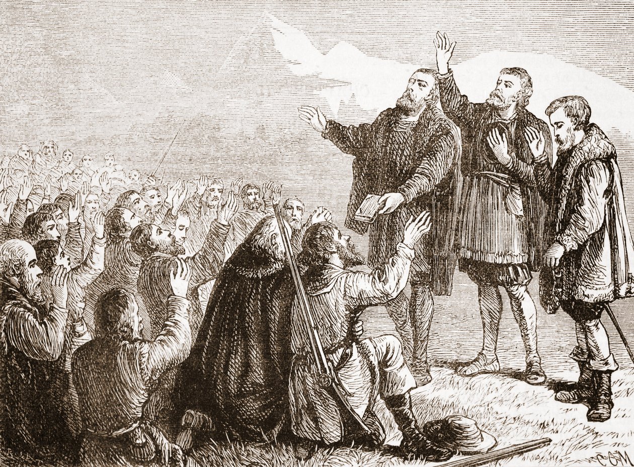 Vaudoisene tar sin ed, illustrasjon fra The History of Protestantism av James Aitken Wylie (1808-1890), pub. 1878 av English School