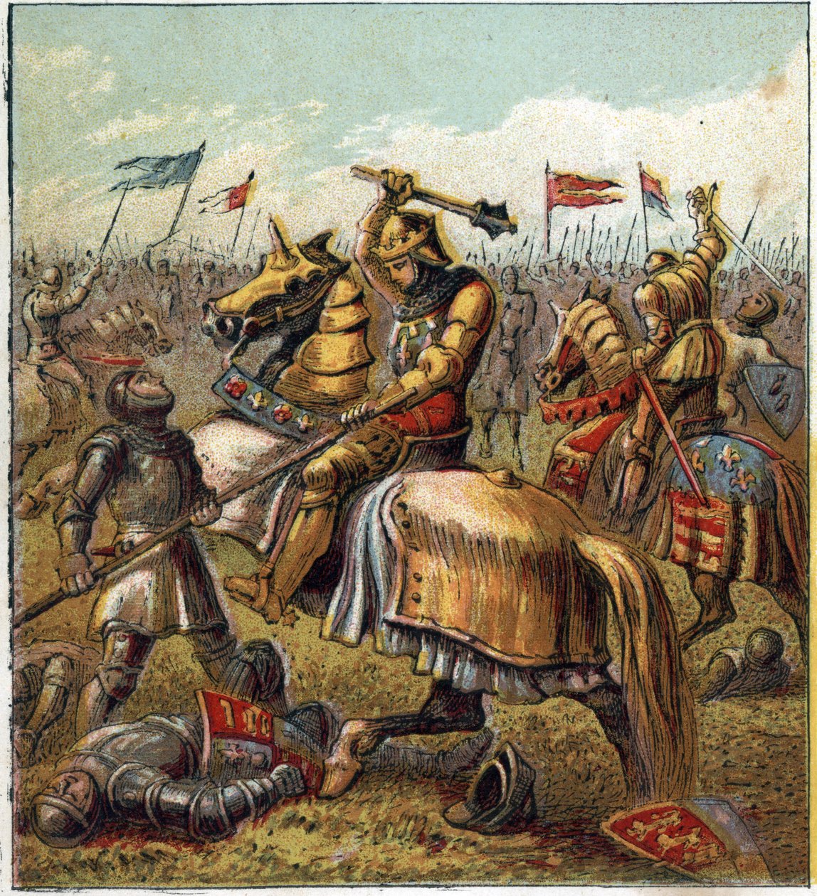 The War of the Two Roses (1455-1485): Kamp mellom Royal House of York og Royal Mason of Lancaster. Illustrasjon av den engelske borgerkrigen født av delingen av etterfølgerne til kong Edward III (1327-1377) i to grener. The War of the Ros av English School