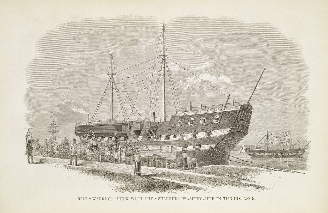 The Warrior Hulk with the Sulphur Washing-Ship in the Distance, fra The Criminal Prisons of London and Scenes of Prison Life av Henry Mayhew (1812-87) og John Binny, 1862 av English School