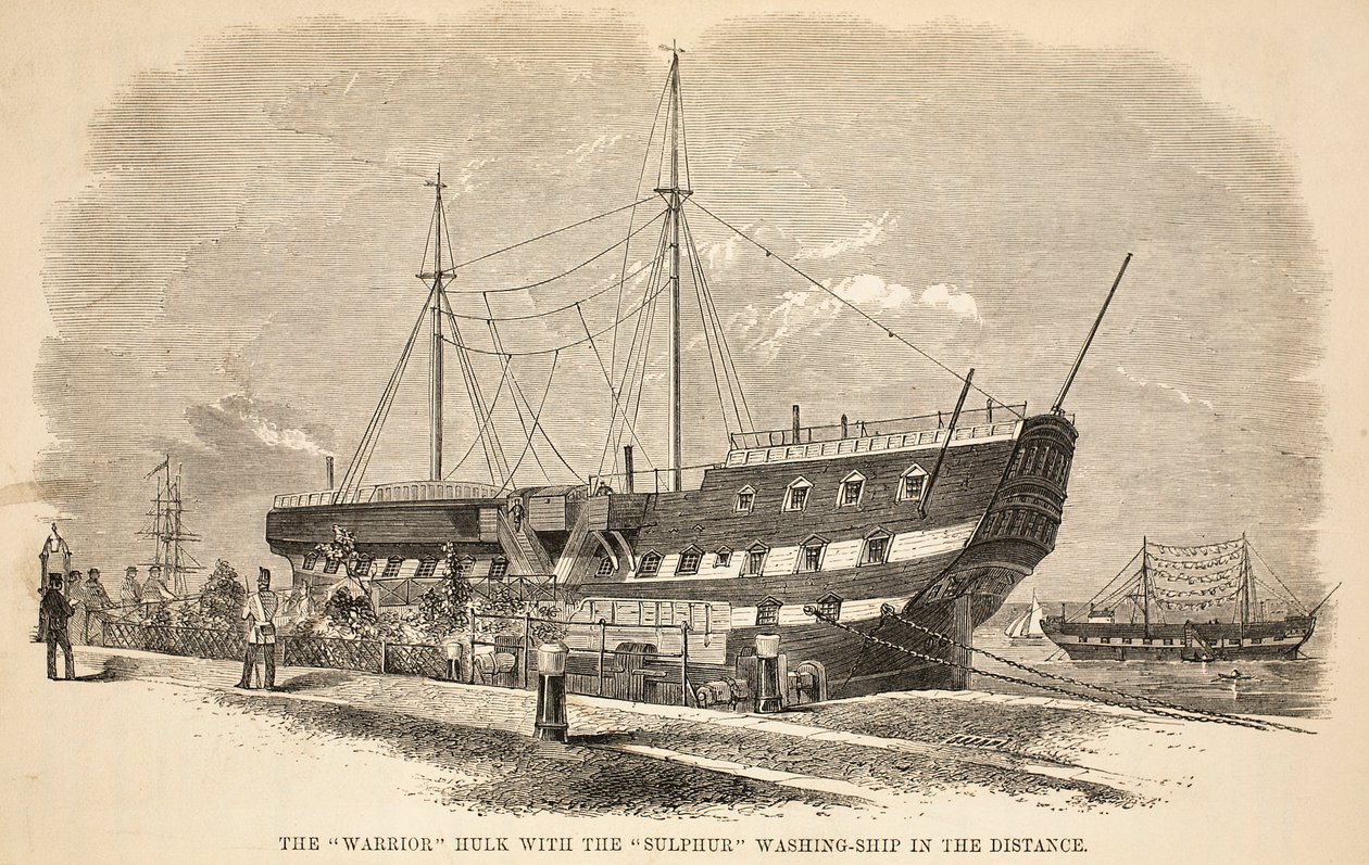 The Warrior-hulk med svovelvaskeskipet i det fjerne, illustrasjon fra The Criminal Prisons of London og Scenes from Prison Life av Henry Mayhew og John Binny, pub. 1862 av English School