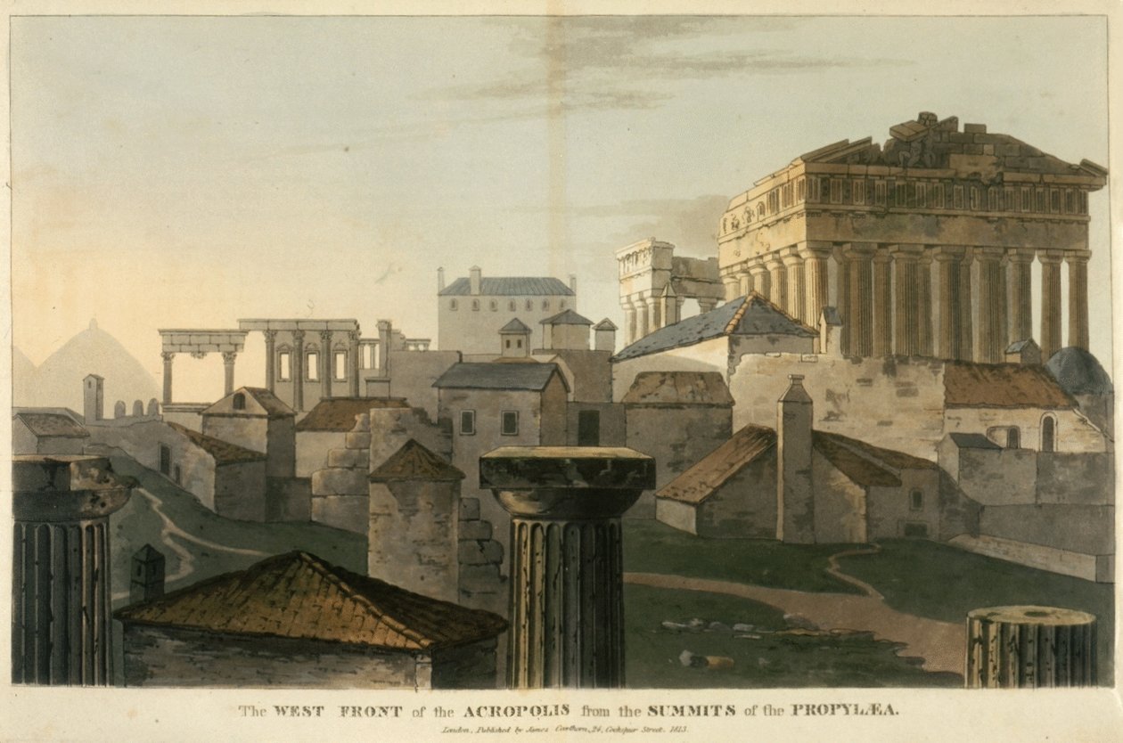 Vestfronten til Akropolis fra toppene av Propylea, illustrasjon fra 'En reise gjennom Albania og andre provinser ... til Konstantinopel, i årene 1809-1810' av JC Hobhouse av English School