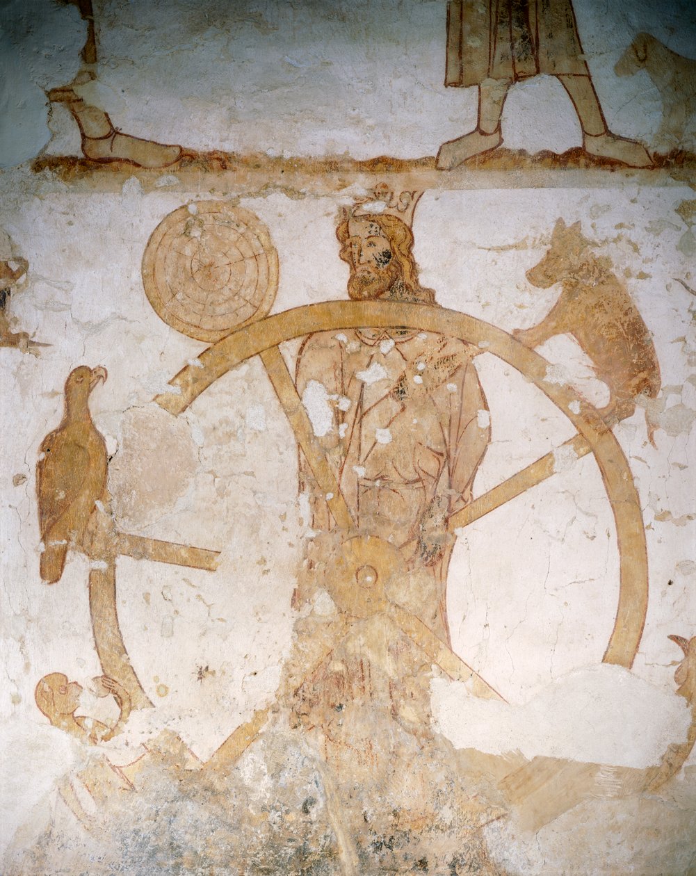 The Wheel of the Five Senses - en ape, gribb, edderkoppnett, villsvin og hane (fresco) av English School