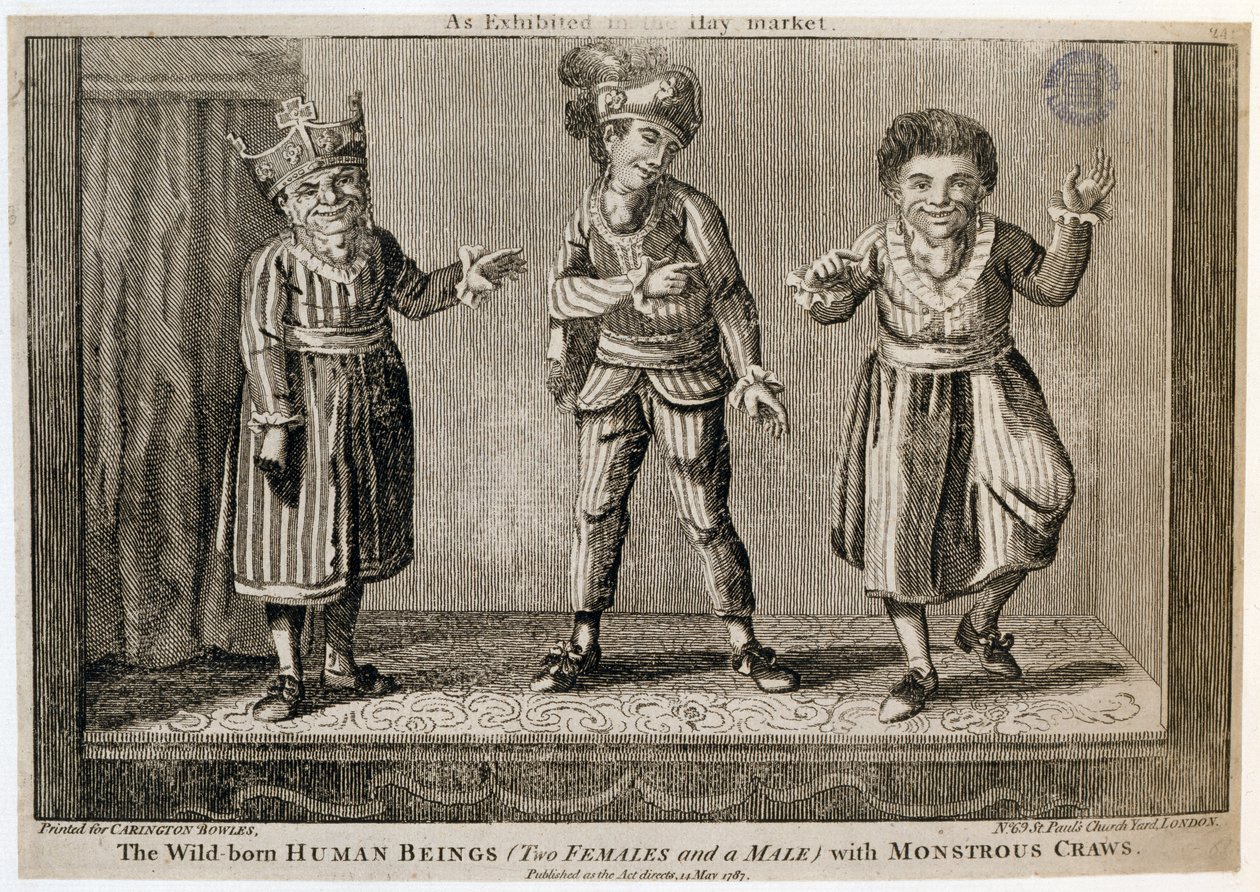 De villfødte menneskene (to hunner og en hann) med monstrøse krabber, som utstilt på Haymarket, trykt for Carington Bowles, 1787 av English School