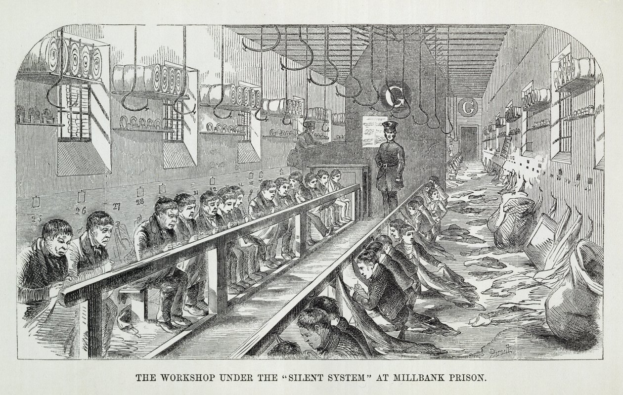 The Workshop under the Silent System at Millbank Prison, fra The Criminal Prisons of London and Scenes of Prison Life av Henry Mayhew (1812-87) og John Binny, 1862 av English School
