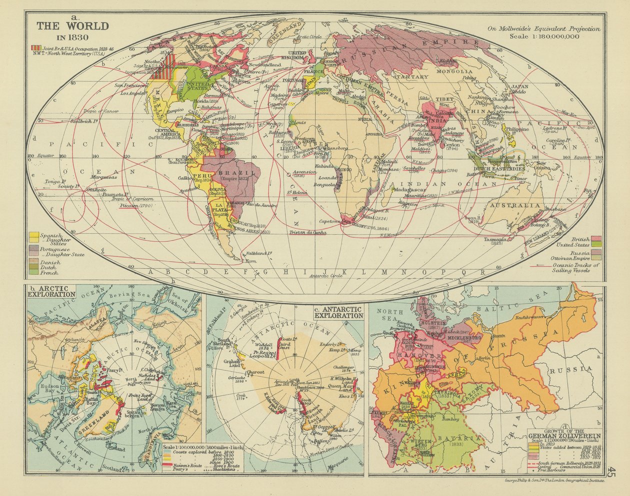 Verden i 1830 (fargelitografi) av English School