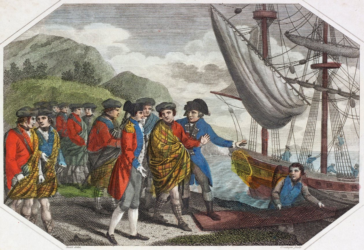 The Young Pretender etter hans nederlag ved Culloden på vei til Frankrike (farget gravering) av English School