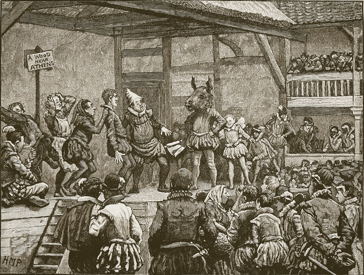 Skuespillet til et av Shakespeares skuespill på dronning Elizabeths tid, illustrasjon fra Cassells Illustrated History of England (sepia-foto) av English School