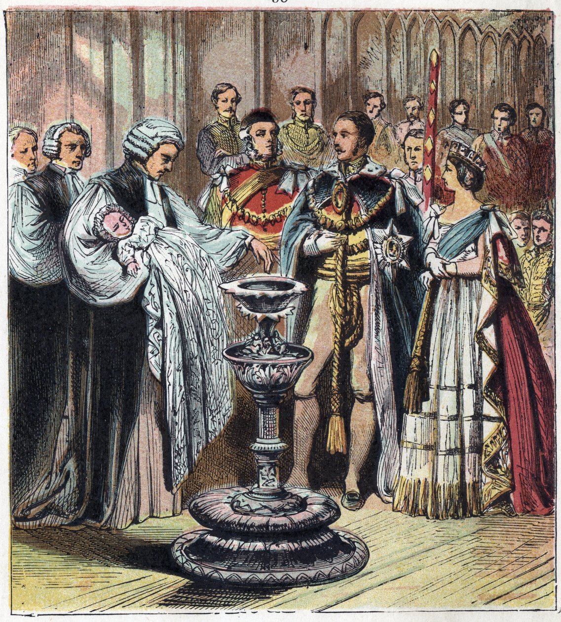 Dåpen til prinsen av Wales, som ble kong Edward VII (1841-1910), i nærvær av hans foreldre, dronning Victoria 1. (1819-1901) og prins Albert av Sachsen Cobourg Gotha (Sachsen-Coburg-Gotha) av English School