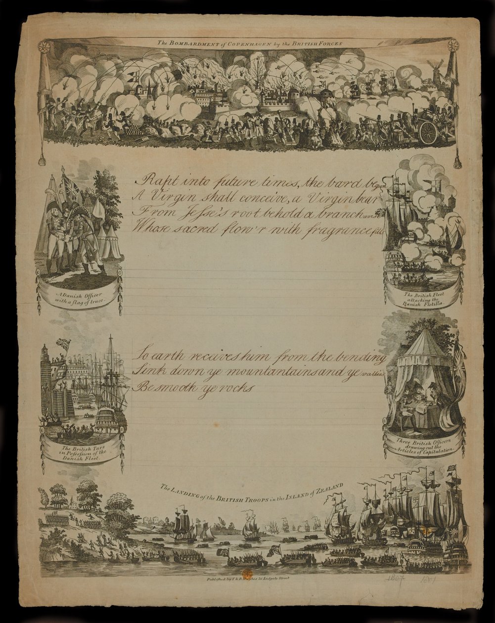 De britiske styrkenes bombardement av København og The landing of the British Forces in the Island of Zealand, utgitt av T. og R. Hughes i 1807 av English School