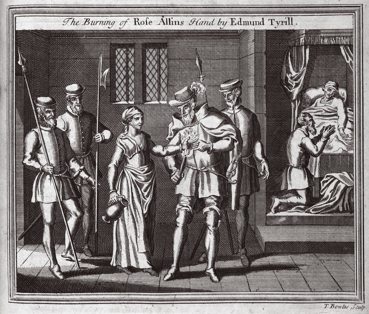 The Burning of Rose Allins hånd av Edmund Tyrill, illustrasjon fra Foxes Martyrs c.1703 av English School