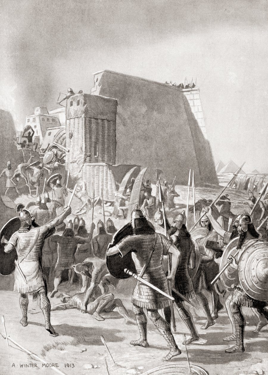 Erobringen av Memphis, Egypt av den assyriske kongen Esarhaddon, 671 f.Kr., fra Hutchinson